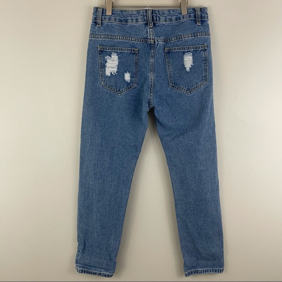 MIDNIGHT MUSE Pearl Rhinestone Embellished High Rise Distressed Boyfriend Jeans - Picture 7 of 10